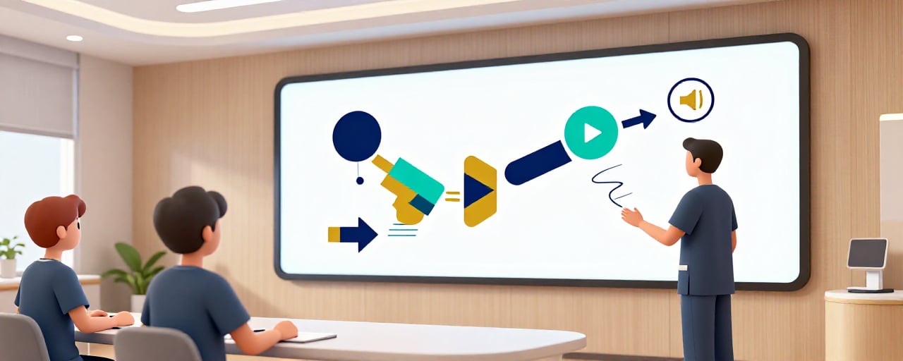 PowerPoint presentation showing SmartArt graphics and multimedia elements on a healthcare workstation