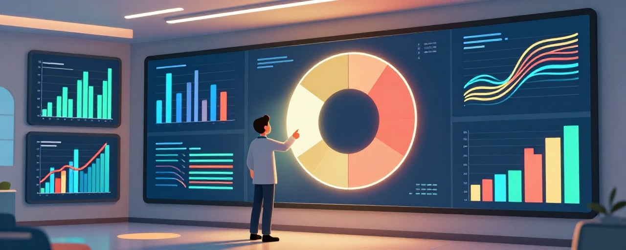 Healthcare data visualizations with colorful charts and graphs displayed on a modern monitor showing patient analytics dashboards