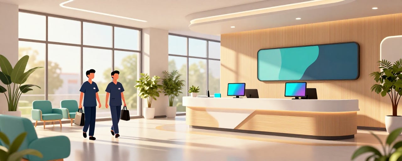 Modern healthcare clinic reception area with technology integrated into the workspace
